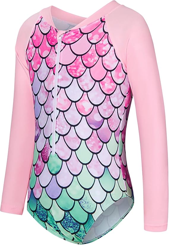 uideazone Long Sleeve Swimsuits for Girls Size One Piece Rash Guard Bathing Suits with Zipper Swimwear 3-9 Years