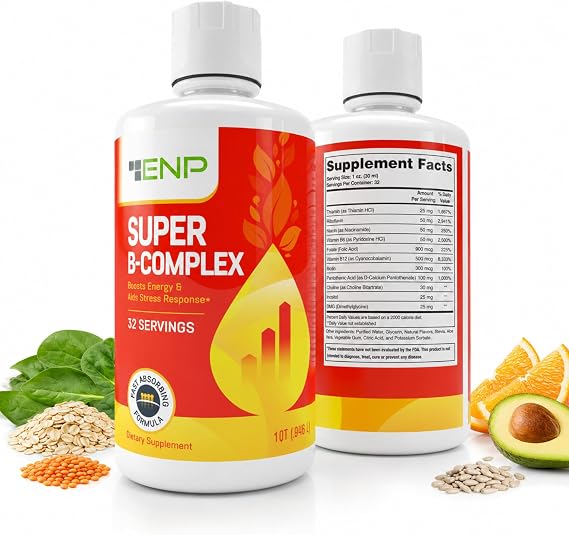 Super B Complex Liquid Vitamin Supplement | 500mg B12 and 50mg B6 | 32oz. | Liquid B-Complex Vitamins Boost Energy, Aid Stress Response | Effective Natural Products