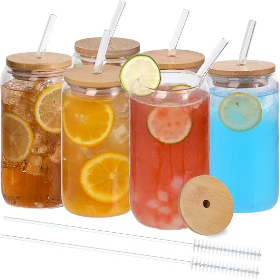 Finew 6pcs Glass Cups with Bamboo Lids and Straws, 16oz Beer Glasses Can Shaped Cups, Clear Cute Tumbler Cup, Ideal for Whiskey, Cocktail, Iced Coffee Gift- 2 Cleaning Brushes