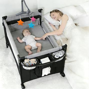 Baby Bedside Bassinet, Next to Me Crib with Wheels, Foldable Baby Bassinet Bedside Sleeper, Co-Sleeping Bed Crib for Newborn 6602 Grey Without Mosquito Net