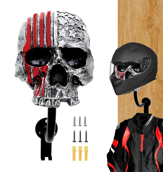 Motorcycle Helmet Rack Wall Mount,Red Skull Helmet Holder Wall Mount with Hooks Helmet Hanger for Coats, Caps, Baseballs and Rugby Helmet,Motorcycle Accessories