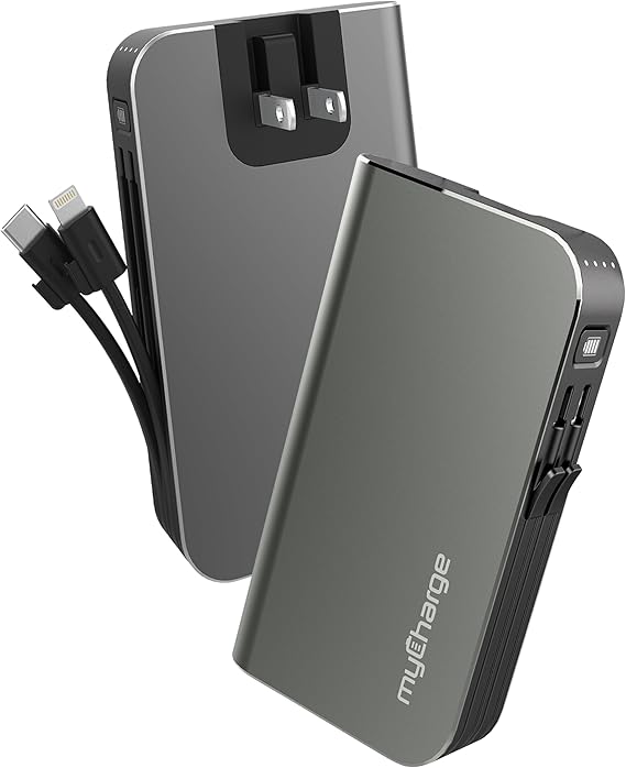 myCharge Portable Charger with Wall Plug 10050mAh Fast Charging Power Bank for iPhone, Samsung, Android & More - External Battery Pack Portable Charger with Built-in Cables (Lightning + USB-C)