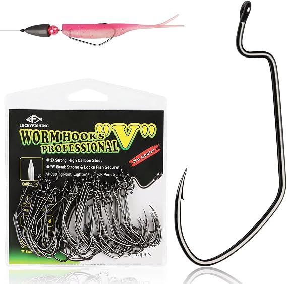 LUCKYFISHING EWG Hooks Worm Hooks for Bass Fishing 50PCS Offset Texas Rig for Freshwater Saltwater Size 1 1/0 2/0 3/0 4/0 5/0