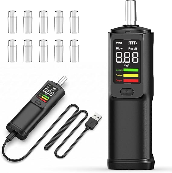 Breathalyzer, USB-C Rechargeable Alcohol Tester with LED Display, Professional Digital Breathalyzer for House Party Self-Testing, 11 Mouthpieces