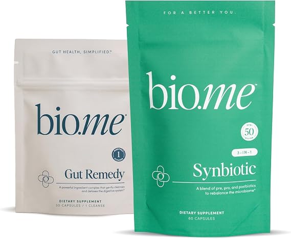 Bio.me Synbiotic & Gut Remedy Bundle - Daily Synbiotic 3-in-1 Prebiotics and Probiotics for Digestive & Immune Support (60 ct) & Gut Cleanse to Reset Digestive System and Rebalance Microbiome (30 ct)