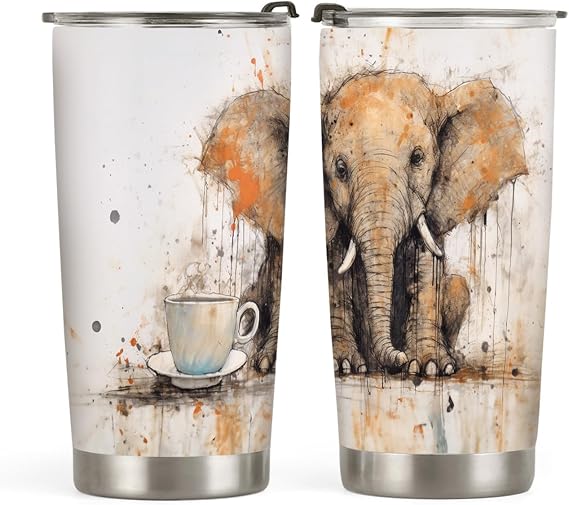 64HYDRO 20oz Cute Vintage Elephant Tumbler, Gifts for Elephants Lovers, Coffee Tumbler for Women, Stainless Steel Double Wall Vacuum Insulated Coffee Mug, Travel Cup with Lid - I