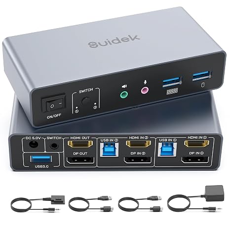 SUIDEK HDMI Displayport KVM Switch 2 Monitors 2 Computers 4K@60Hz Aluminum
