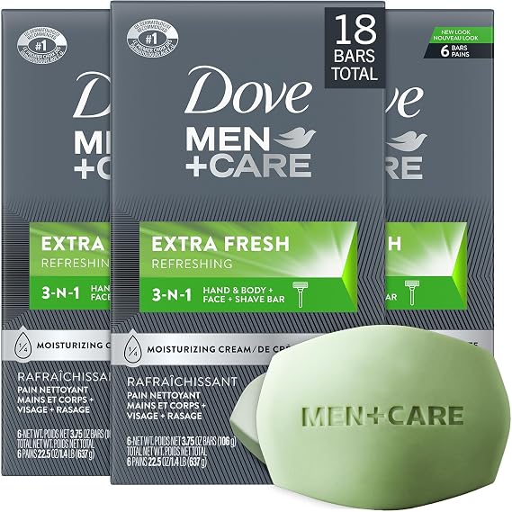 Dove Men+Care Soap Bar, Extra Fresh Scent 3-Pack (18 Bars) Hydrating 3-in-1 Body, Hand, and Face Cleanser for Men, 22.5 Oz Ea