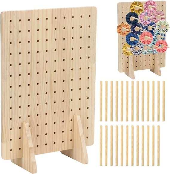 Rectangle Pegboard Display Stand with 25 Pcs Dowel Rods, Pegboard Accessories Rack, Keychain Jewelry Display Stand for Vendors, Pegboard Stand for Jewelry, Craft Shows, Necklace Pin, Earrings (Wood)