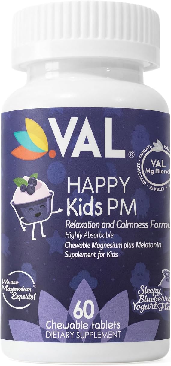 VAL Happy Kids PM | Sleep Support for Kids with Magnesium, Melatonin, Vitamin B6 & C | Sugar-Free Chewable | Blueberry Yogurt Flavor | Non-GMO, Gluten-Free | 60 Tablets | Ages 4+