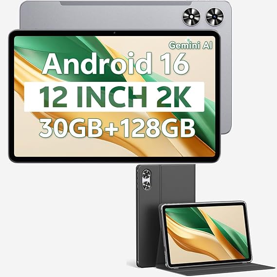 SVITOO 12 Inch Tablet with Protective Case, Android 16 Tablet 12 Inch Large Screen 2K Display, Octa-Core, 30GB RAM 128GB Storage 1TB Expandable, 13MP Dual Camera, 8800mAh