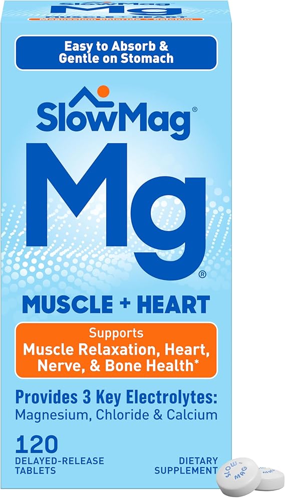 SlowMag Muscle & Heart Magnesium Chloride Supplement with Calcium, 120 Count, Supports Muscle Relaxation, Heart, Nerve & Bone Health, High Absorption