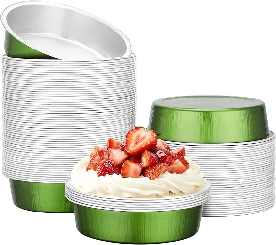 Beasea Mini Pie Tin Pan 100 Pack, 4" 7.3oz 215ml Disposable Baking Cups Only, Aluminum Foil Mini Ramekin No Lids Baking Pie Tart Pan Cheesecake Cups for Birthday Wedding Party - Avocado Green