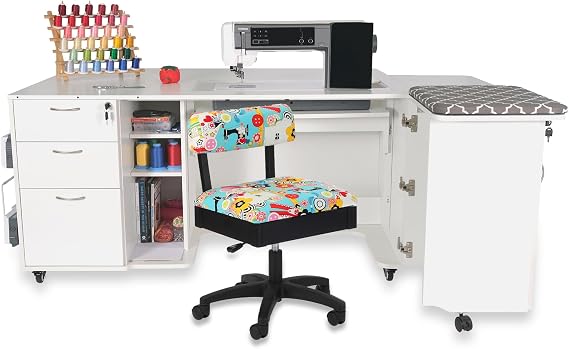 Arrow Sewing Kangaroo Sewing Furniture Sydney Sewing Cabinet in Ash White Furniture Adjustable Height Hydraulic Sewing and Craft Chair in Sew Wow, Sew Now! Print Fabric