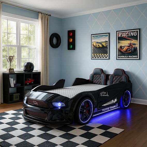 Race Car Bed with LED Lights, Twin Size, Black Sports Car Design, Light-up Wheels, Racing Style Headboard