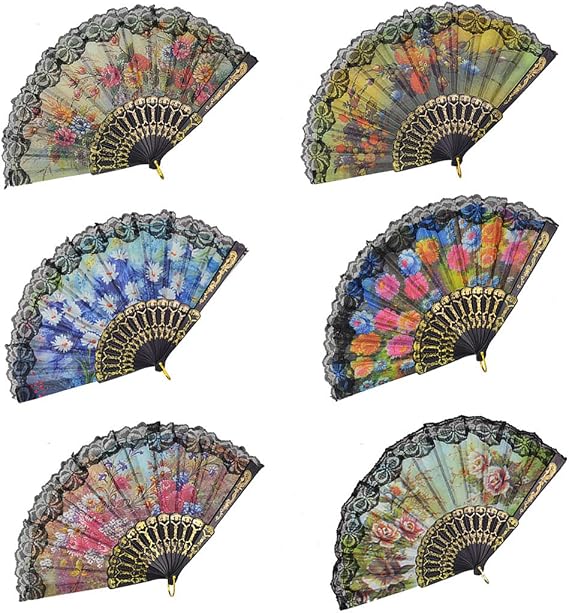 Rbenxia Spanish Floral Folding Hand Fan Flowers Pattern Lace Handheld Fans Size 9" Pack of 10 Random Color Suitable for Wedding Dancing Church Party Gifts