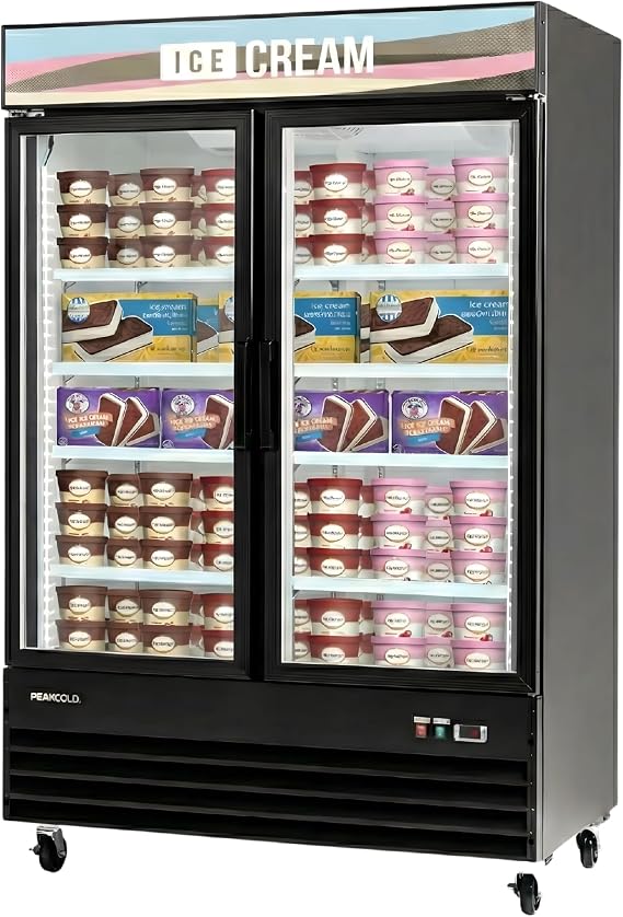 PeakCold Display Freezer, 45 Cu Ft, Glass Door Ice Cream Freezer, 2 Door