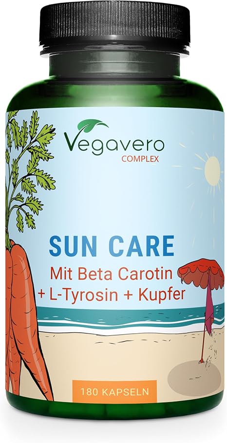 Sun Care Complex Vegavero 180 Capsules Tanning Capsules Beta Carotene Vitamin E Olive Leaf Extract Tyrosine Lycopene Zinc Copper Vegan and No Additives