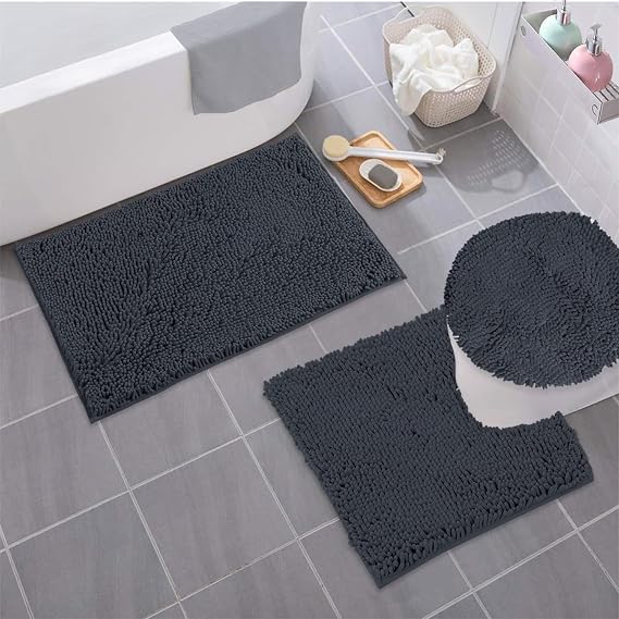 "Sleek Charcoal Bathroom Oasis Bundle: Plush Chenille Bath Mat Set + LuxUrux Toilet Lid Cover for Modern Comfort and Style
