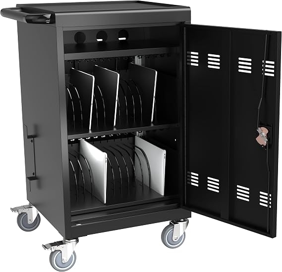 32 Device Charging Cart, Laptop and Tablet Storage Cart, Holds Up to 16.3" with Cord Management, Front and Rear Access Locking, Desktop Charging and Storage Cabinet for Classroom or Office.Black