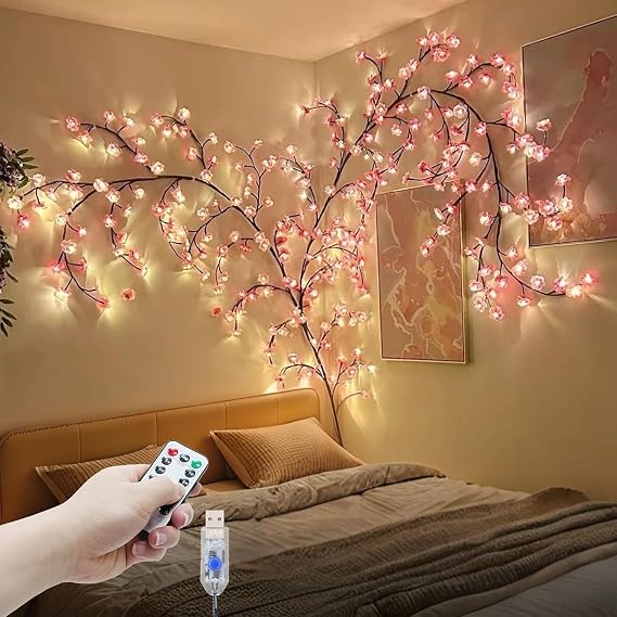 DIY Cherry Blossom Lights,4FT 48 LED Cherry Blossom Tree Branch Light,8 Modes Light Up Pink Wall Decorations for Bedroom,Christmas,Dimmable Vines with Flower Fairy Lights,Remote,Timer,Xmas Gifts [Energy Class A]