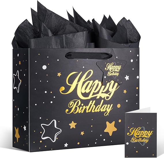 ROYOROYI Black Birthday Gift Bag with Handles,Happy Birthday Bag with Tissue Paper and Greeting Card for Men,Women (13'x10.2'x4.9') Medium