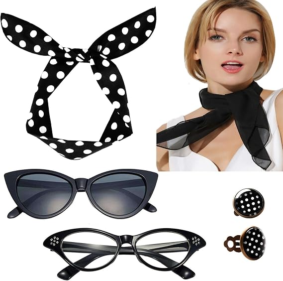 Breevo 50s Costume Accessories Set Women Scarf Headband Glasses