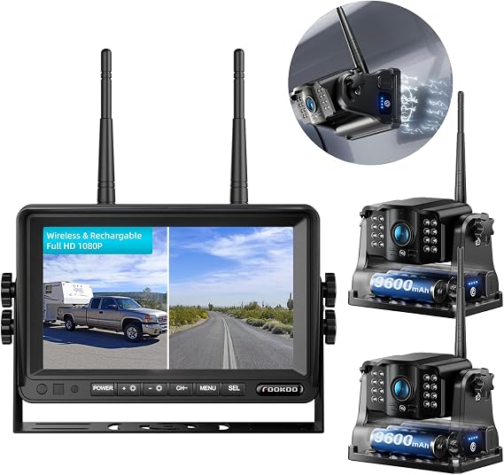 Fookoo Magnetic Wireless Backup Camera: HD 1080P 7" Monitor, 1-Min Install | Rechargeable 9600mAh Battery Rear Cameras No Drilling Dual Split Screen Recording IR Night Vision for RV Trailer Truck Camper