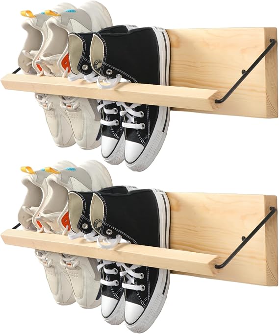 Mifoci 2 Pcs Wall Mounted Shoe Rack Organizer Wooden Modern Compact Wall Space Saving Shoe Holder Storage for Sneaker Footwear Slipper Boots Entryway Narrow Spaces Hallway28.35 Long