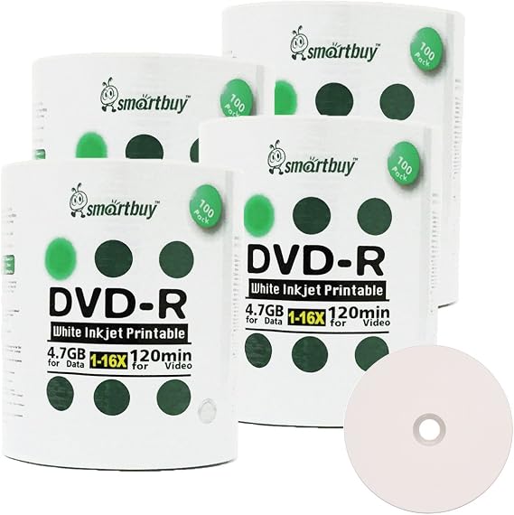 Smart Buy 400 Pack DVD-R 4.7gb 16x White Printable Inkjet Disc, 400pk | Blank Recordable Media Disc, Hold Roughly 120 mins of Data, Full White Surface for Inkjet Printer, Plastic Wrap Packaging