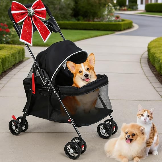 4 Wheels Pet Stroller for Medium Small Dog up to 50lbs, Folding Dog Stroller, 4 Wheels Cat Strollers, Travel Carrier, with Adjustable Handle, Cup Holder, Breathable Mesh (1 Set Black)