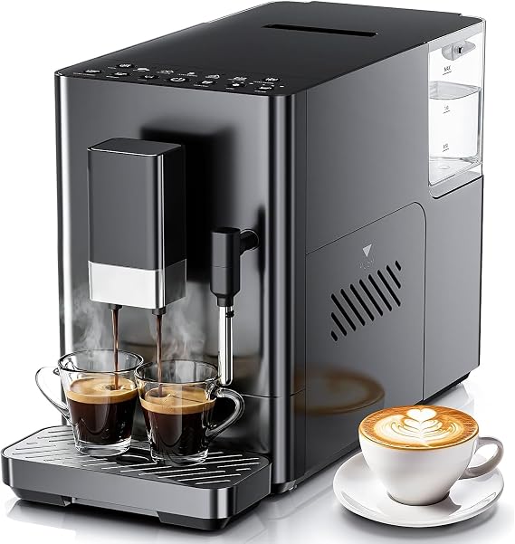 Kismile Automatic Espresso Machine, All-in-One Grind and Brew Coffee Maker with Built-in Grinder, 20 Bar Cappuccino Machines with Milk Frother, One-Touch Americano and Lattes for Home/Office(Black)