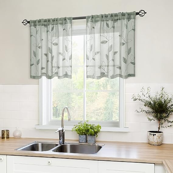 HOMEIDEAS Sage Green Kitchen Tier Curtains Leaf Embroidered, 30x24, 2 Panel