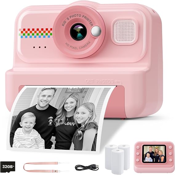 HiMont Kids Camera Instant Print, 1080P Instant Print Camera for Kids with 32GB Card & 3 Rolls Paper, Selfie Digital Camara, Funny Toys Gifts for Boys & Girls Age 3-12 (Pink)