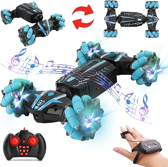 GoolRC Gesture Sensing RC Stunt Car with Light & Music, 4WD 2.4GHz Remote Control Car, Hand Controlled RC Cars with Double Sided 360?Rotating and Cool Spray (Blue)