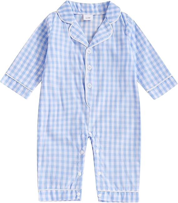FULA-bao Newborn Baby Boy Girl Gingham Pajamas Jumpsuit Plaid Long Sleeve Button Up One Piece Pjs Romper Infant Sleepwear