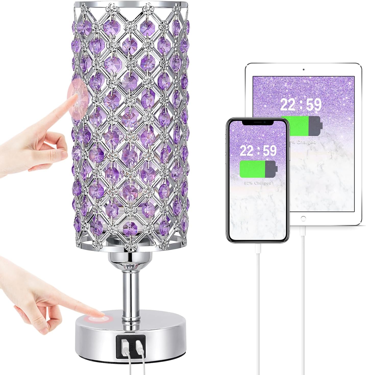 Hong-in Purple Lamp for Girls Room-Crystal Touch Lamp with USB-CA Ports,3 Way Dimmable Bedside Light with Crystal Shade for Bedroom Home Office