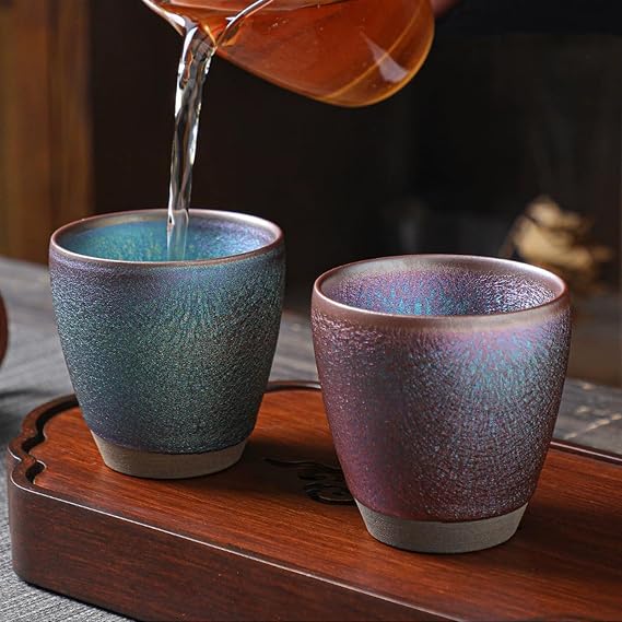Jianzhan Ceramic Teacup, Kung Fu Tea Set, Coffee Mug, Tenmokus Tea Cup Kiln Fired and Kiln Change Pattern and color, Yerba Mate Cup Set of 2