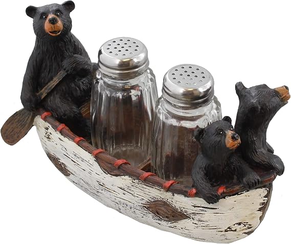 Old River Outdoors Three Black Bears Canoeing Salt & Pepper Set - Rustic Cabin Canoe Cub Decor