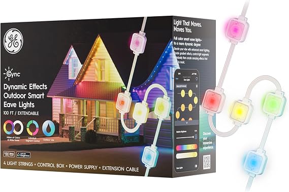 Cync GE Dynamic Effects Smart Eave Lights, Color-Changing, 100ft | App-controlled, color-changing outdoor eave lights, 100ft, works with Alexa & Google, weather-resistant, easy install