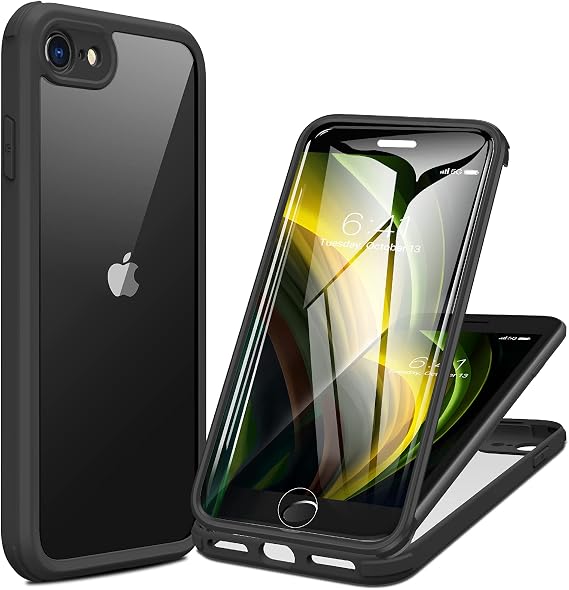 Miracase for iPhone SE Phone Case 3rd/2nd Generation 2022 2020 Full-Body with Built-in Glass Screen Protector, Heavy Duty 360 Protective Shockproof Bumper Cover for iPhone 8/SE 4.7 Inch, Black