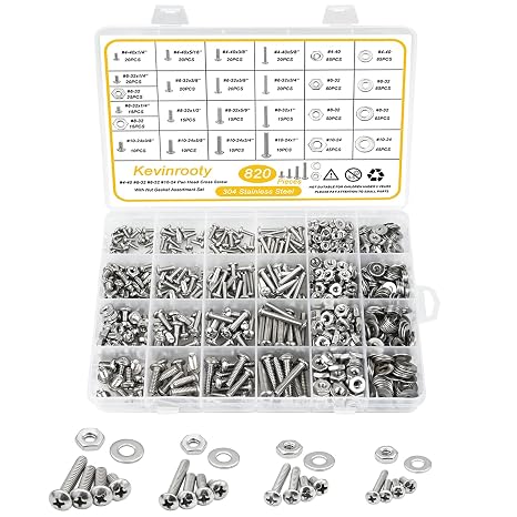 820Pcs 304 Stainless Steel Nuts and Bolts Assortment Kit, 10-24#8-32#6-32#4-40 Phillips Pan Head Assorted Nuts Bolts and Flat Washers with Case