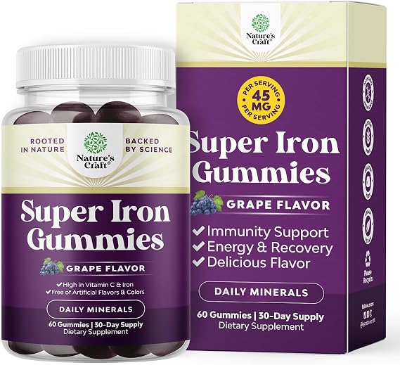Extra Strength Iron Gummies for Women and Men - Potent 45mg per Serving Chewable Supplement for Women and Men with Vitamin C for Higher Absorption - Vegan Daily Iron Gummy No Artificial Flavors - 60Ct