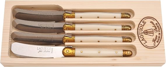 Jean Dubost Laguiole 4-Piece Spreader Set, Ivory Handles - Rust-Resistant Stainless Steel - Includes Wooden Tray - Made in France