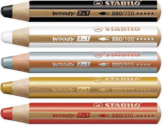 STABILO Multi-talented Pencil woody 3-in-1 - Basic Box of 5 - Silver, Gold, White, Black, Red + Sharpener