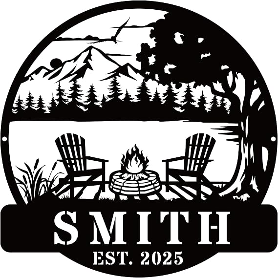 Personalized Camping Metal Sign, Custom Fire Pit Sign with Family Name, Mountain Campfire Outdoor Metal Wall Art, Custom Cabin Decor, Personalized Camping Gifts