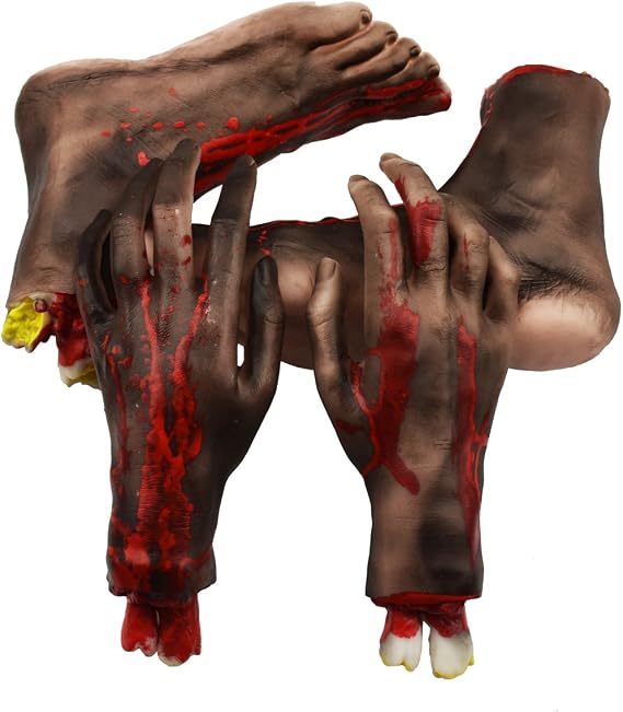 XONOR Halloween Severed Hands Feet Set Scary Bloody Broken Body Parts Halloween Props Decorations, 4 Pieces(Feet & Hands) (Black)