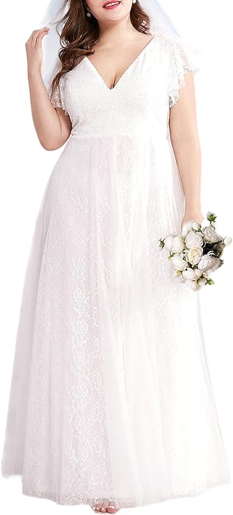 Ever-Pretty Plus Women's Short Sleeves V Neck Floor Length Plus Size Wedding Dress for Curvy Women White US16