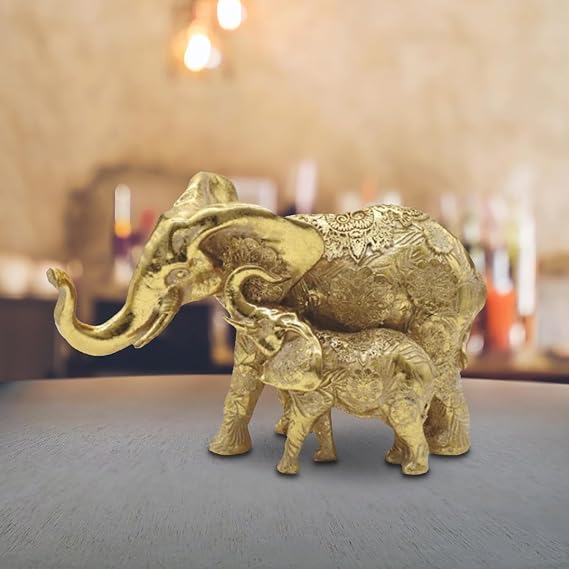 7.5" W Gold Thai Elephant with Baby Figurine Statue Home/Room Decor Ideas for House Warming, Holidays and Birthdays Great Collectible Addition