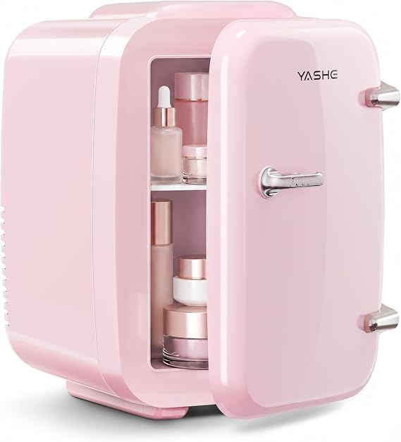YASHE Mini Fridge, 4 Liter/6 Cans Portable Cooler and Warmer, AC/DC Power Small Fridge, Quiet Desk Skincare Fridge for Beauty Drinks Medicine, Mini Fridge for Bedrooms Office Dorm Car Travel, Pink